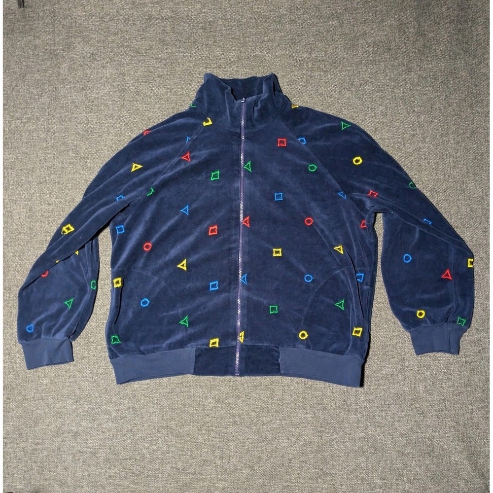 Vintage ARIEL Sweatshirt Medium Zip Up Blue Aqua geometric‎ embroidered Rare Vtg